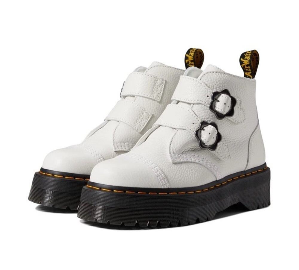 Dr. Martens Devon Flower White Milled Leather Platform Boots US 7